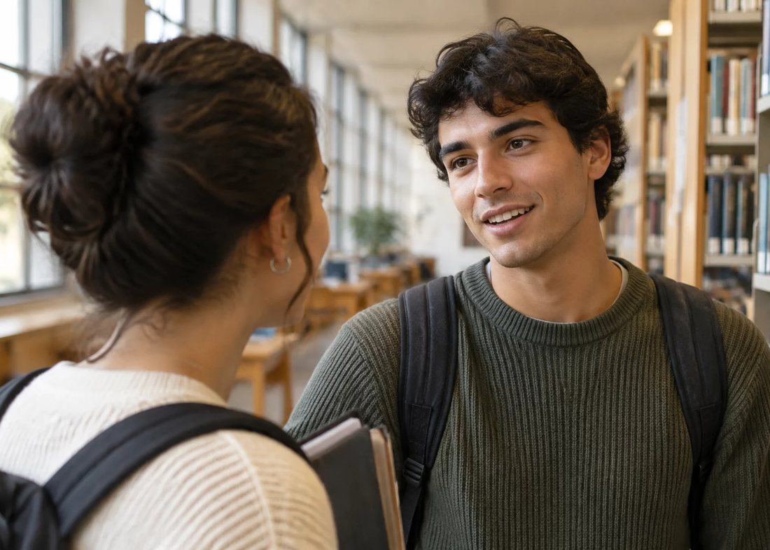Participantes conversando em pé no corredor entre estantes de livros altas
