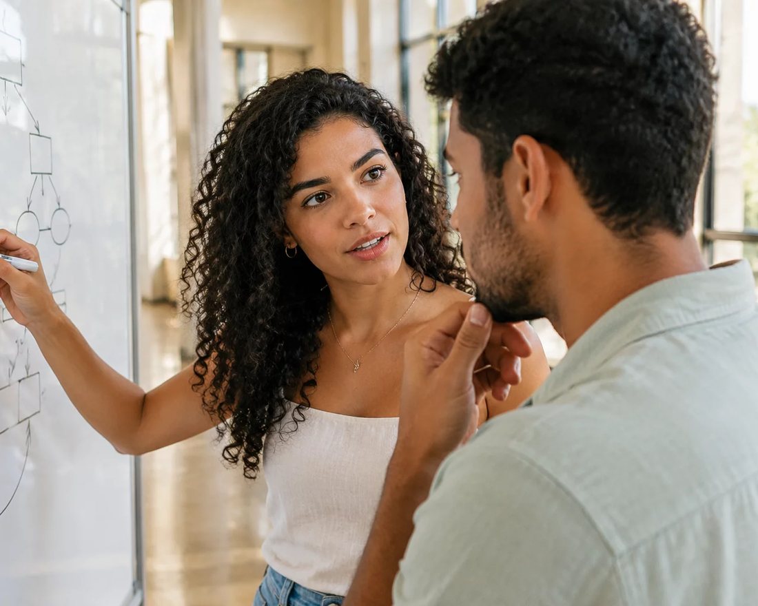 Duas pessoas em pé diante de um quadro branco onde um argumento está desenhado